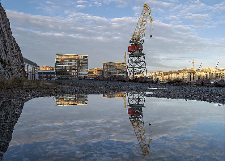 crane, sky, reflection, city, turku, wärtsilä, landscape