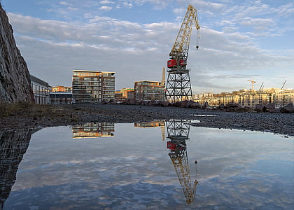 Crane, Sky, reflektion, staden, Åbo, Wärtsilä, landskap