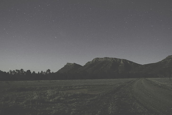 colina, montanha, à noite, estrelas, brilhando, natureza, céu
