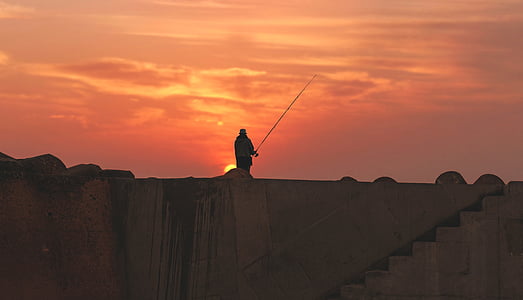osoba, stoji, beton, dok, ribolov, zalazak sunca, čovjek