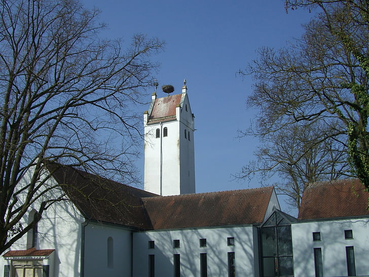 Église, Église de cimetière, Storchennest, steeple, Église Saint-Pierre, Langenau, Cigogne