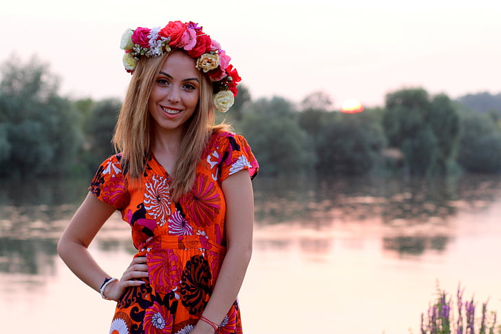 girl, sunset, wreath, lake, water, reflection, blonde