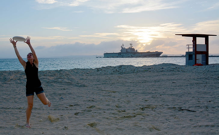 beach, sunset, girl, frisbee, recreation, ship, navy