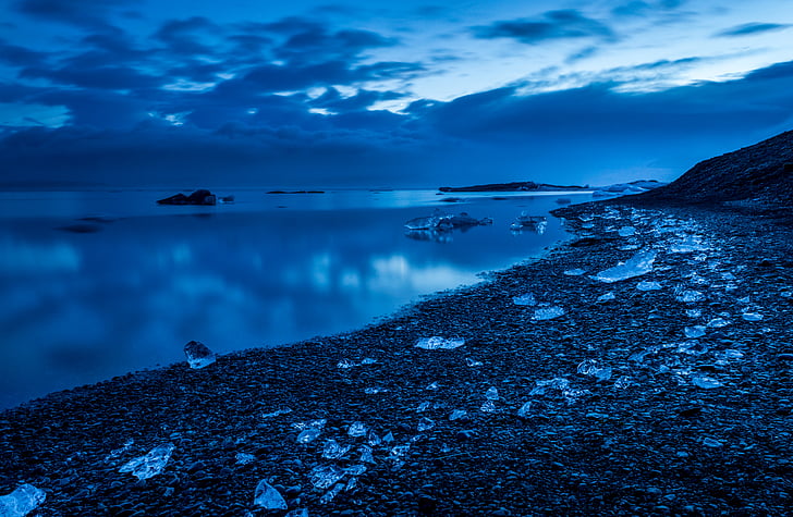 blue, clouds, ice, rocks, shore, stones, water