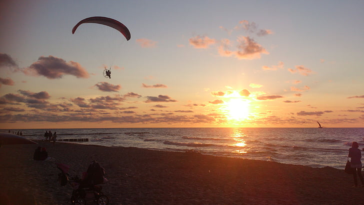 paraglider, Laut Baltik, liburan, Rewal, matahari, matahari terbenam, langit