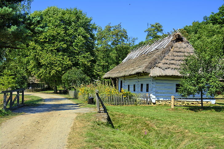 Sanok, friluftsmuseum, lantlig stuga, trä bollar, taket av den, Polen, gamla