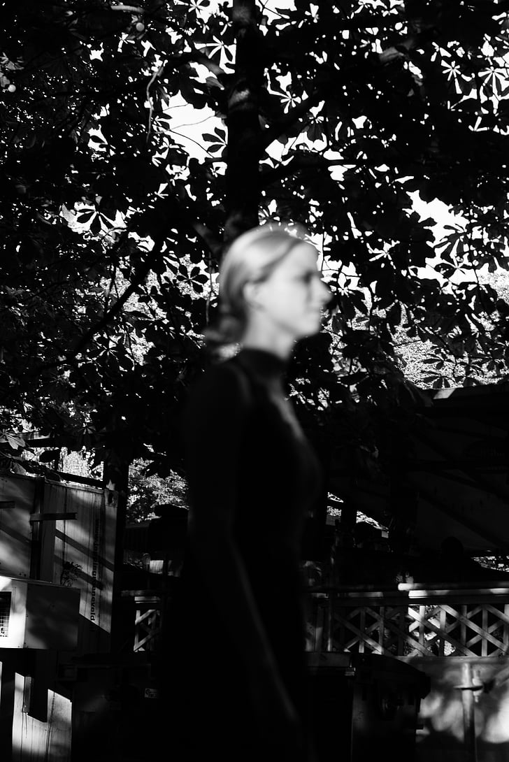 woman, black and white, motion, blur, portrait, black, white