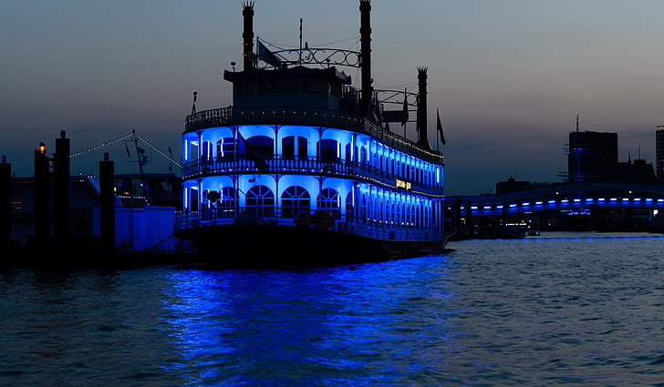 kapal, biru, Port, malam, pencahayaan, boot, Sungai