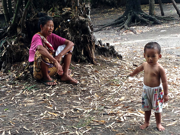 sieviete, bērnu, Lombok, vēders, bērnu, sēde, basām kājām