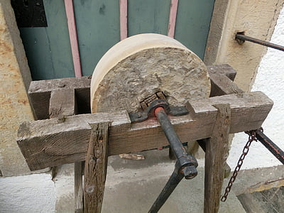 middle ages, grinding stone, tool, workshop, work, scissors grinder, craft