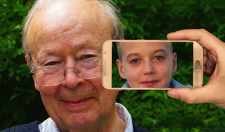 jeugd, leeftijd, smartphone, gezicht, man, oude, jongen