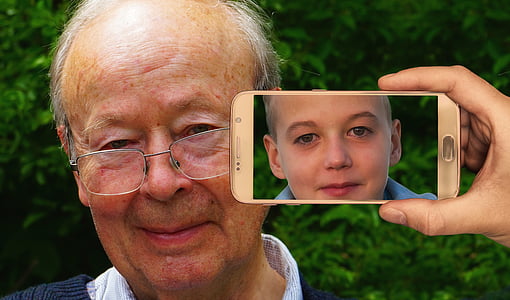 jeunesse, Age, smartphone, visage, homme, vieux, garçon