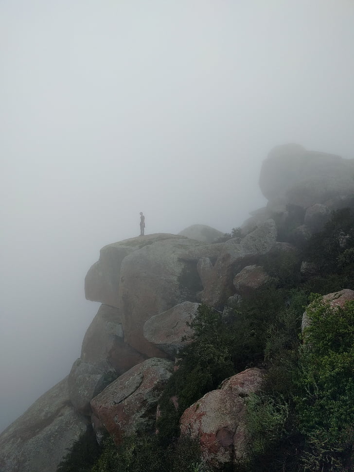 person, standing, edge, cliff, fogging, adult, fog