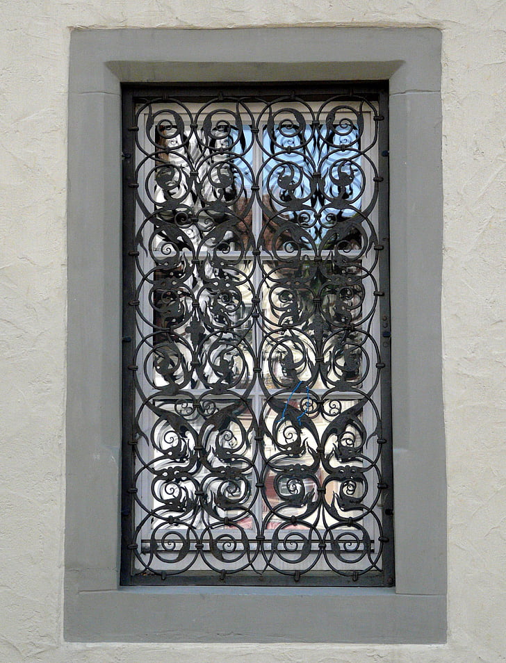 okno, mreža, zrcaljenje, kovanega železa, okna rešetke