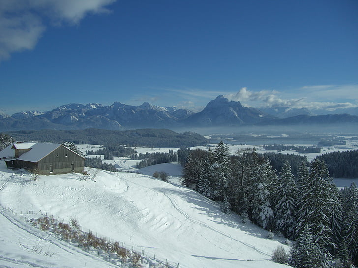 Alpe beichelstein, hegyi panorámával, säuling, hó, téli, alpesi
