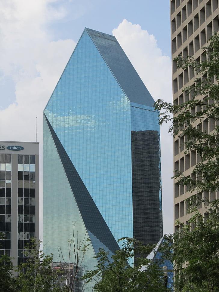 Skleněná fasáda, kancelářské budovy, Centrum města, šipka, Architektura, Dallas, Texas