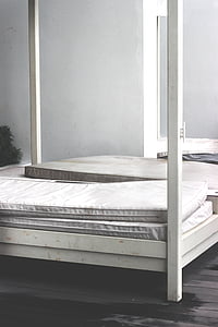 wit, houten, luifel, beddengoed, instellen, decor, bed