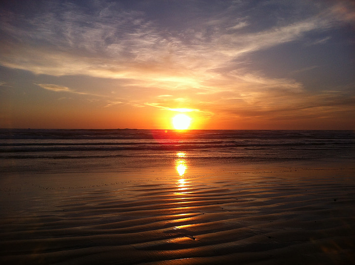 solnedgång, havet, stranden, kusten, Ocean, glöd, Orange
