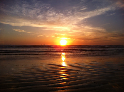 sunset, sea, beach, coast, ocean, glow, orange
