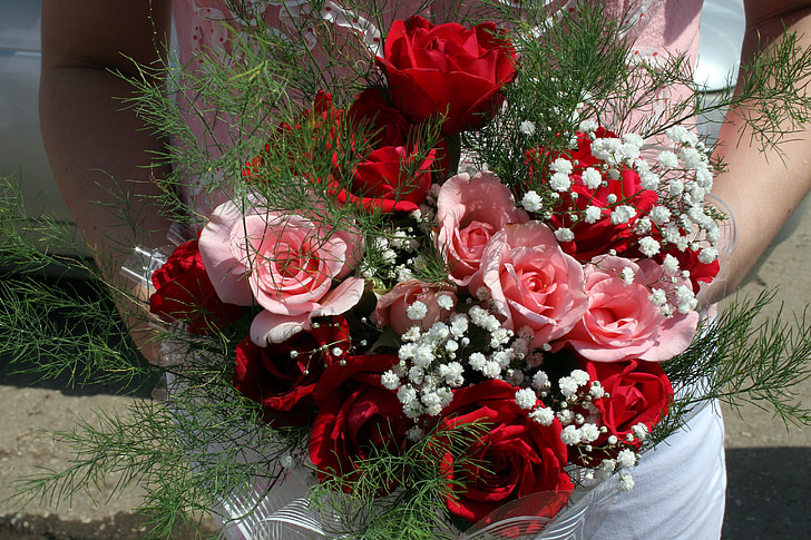 wedding, celebration, bouquet, bride, roses