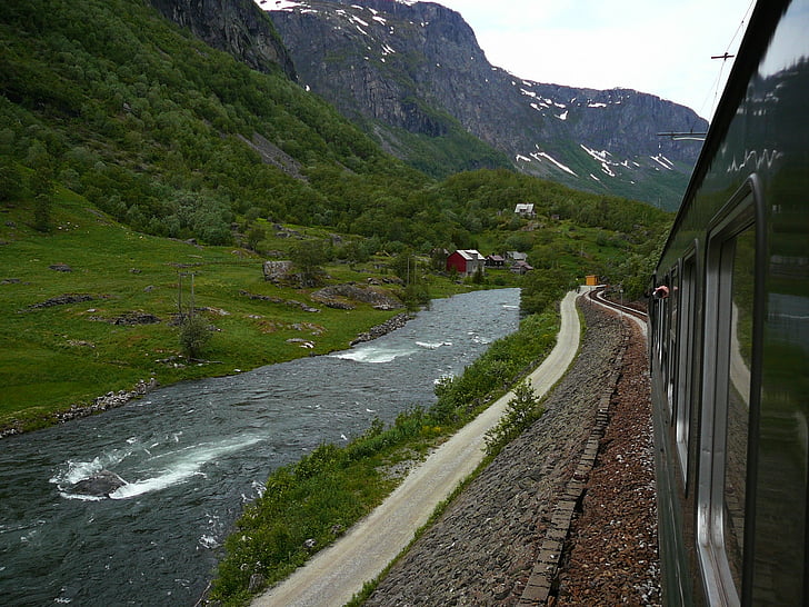 iš traukinio, flamsbana, upės, kalnai, naturlandschaft, Norvegija, kalnų
