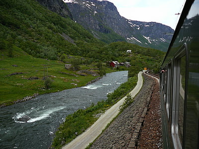 view from the train, flamsbana, river, mountains, naturlandschaft, norway, mountain