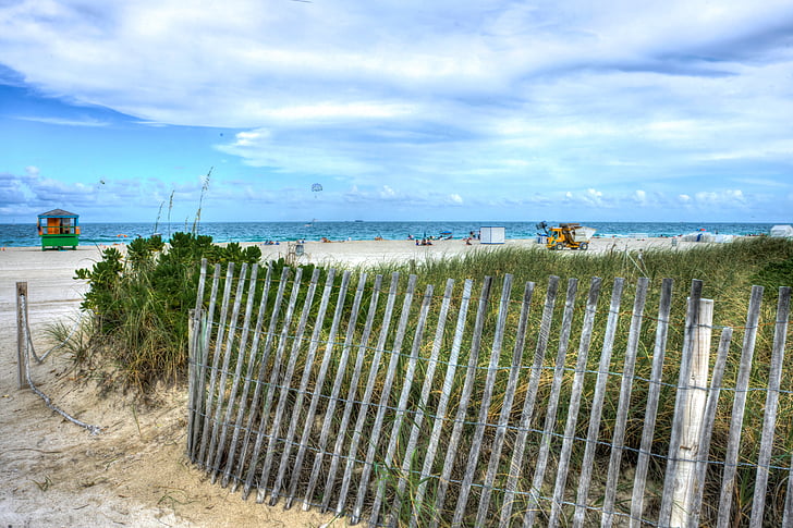 south beach, sand, fence, sky, clouds, parachute, landscape