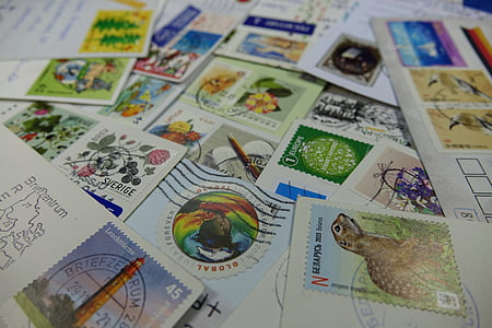selos postais, coletar, carimbada, deixar, cartão postal, selo, valores da marca