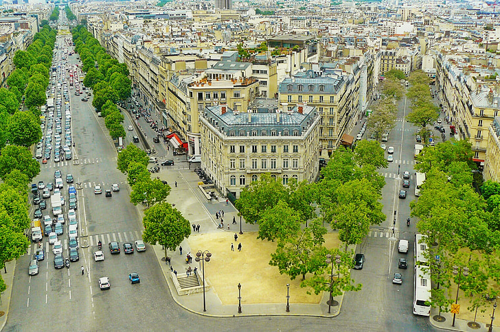 Paríž, Francúzsko, mesto, cestné, pohľad z ulice, výhľadom na mesto, strechy