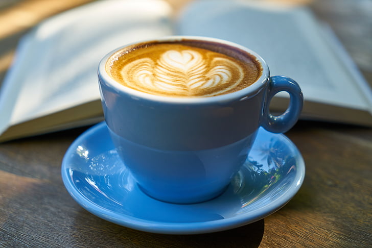 latte, kaffe, bok, ernæring, blå, tre, våkne