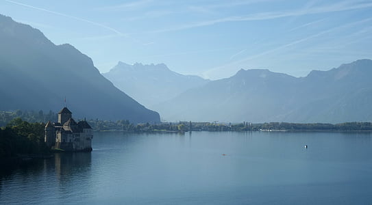 Zwitserland, Lake, Kasteel, water, meer van Genève, landschap