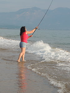 nő, halászati, tenger, Beach, naplemente, Görögország