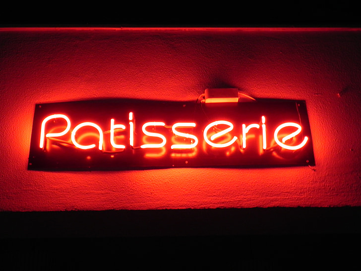 patisserie, sign, neon, red, sweetshop, shop, sweets