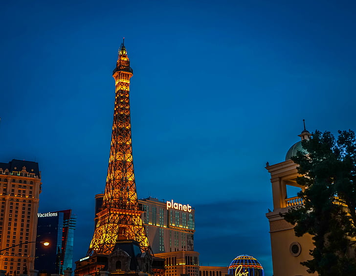 las vegas, Torre Eiffel, Paris, luzes, à noite, famosos, cassino