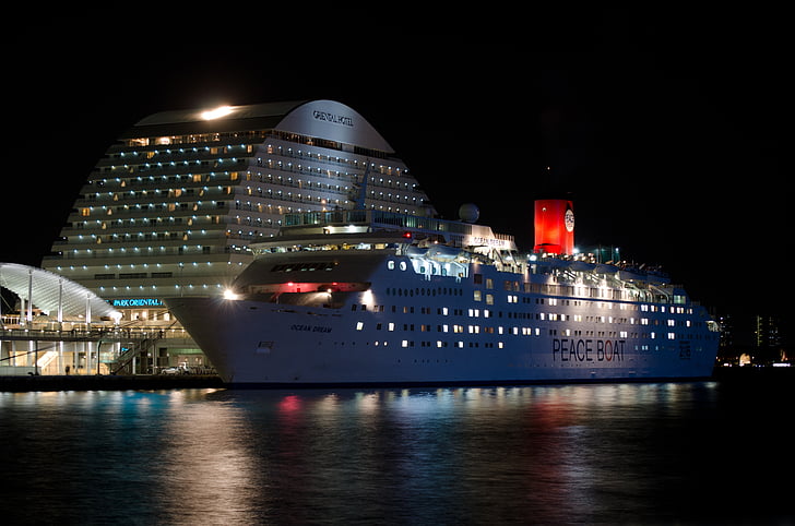 cruise ship, night, japan, kobe, asia, architecture, view