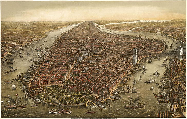 Manhattan, Mesto New york, 1870, Mapa, staré, vtáčej perspektívy, Kreslenie