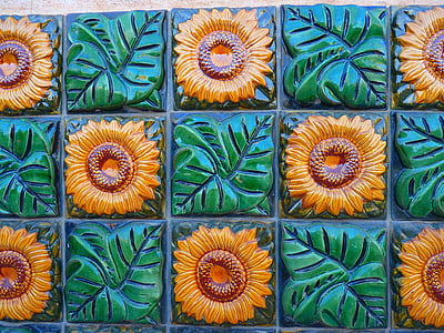 bunga matahari, ubin, ubin, keramik, hijau, kuning, dekoratif