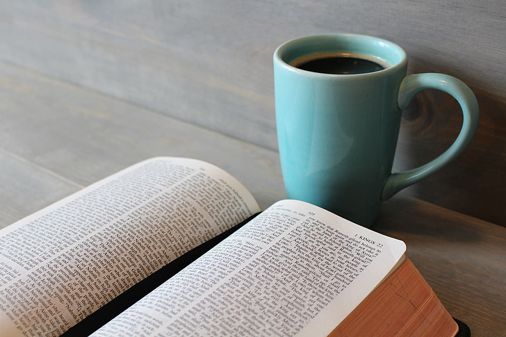 Biblia, tanulmány, kávé, kupa, vallás, kereszténység, keresztény