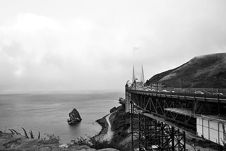 greyscale, photography, bridge, building, ocean, water, architecture