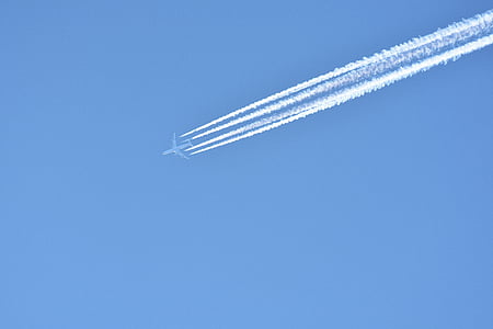 aircraft, contrail, sky, fly, flight, blue, flyer