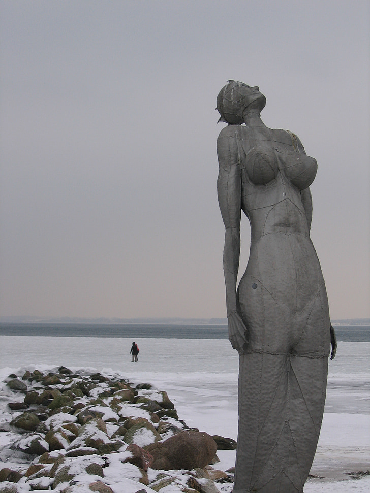 nàng tiên cá, biển Baltic, mùa đông, lạnh, tôi à?, tuyết, Bãi biển