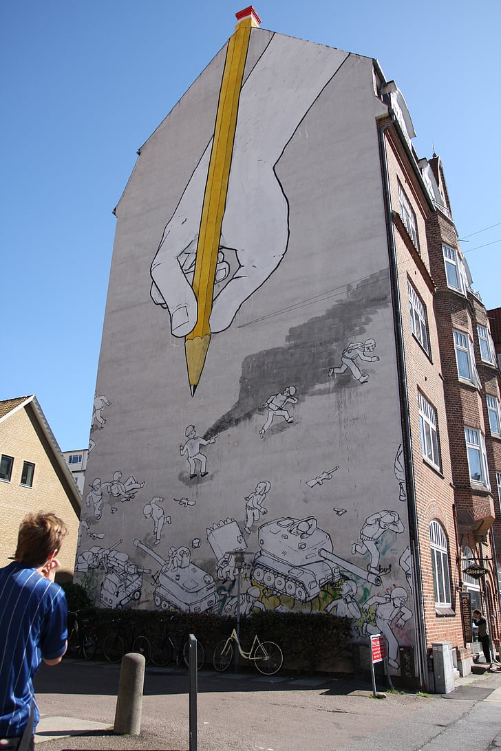 Århus, peinture de pignon, crayon, mur de dessin, art, art de la rue, peinture murale