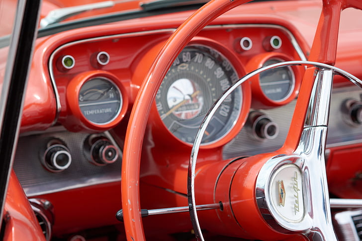 Oldtimer, sarkana, klasisks auto, amerikāņu auto, transportlīdzekļa, veco automašīnu, spīdums