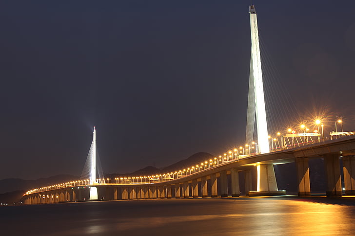 az éjszaka, híd, Shenzhen bay bridge, nyugati folyosó, híd - ember által létrehozott építmény, építészet, híres hely