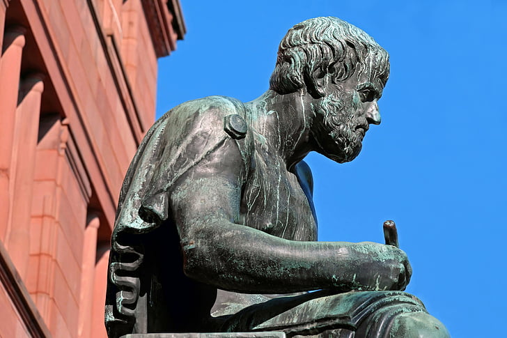 Skulptur, Bronze, Abbildung, Aristoteles, Philosoph, Naturwissenschaftler, hält
