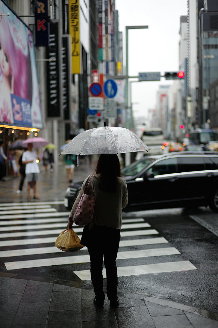 Kota, Street, persimpangan, hujan, payung, Metropolis, perkotaan
