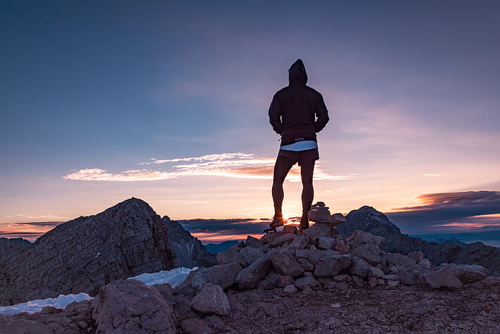 person, hiker, peak, summit, top, adventure, sunrise