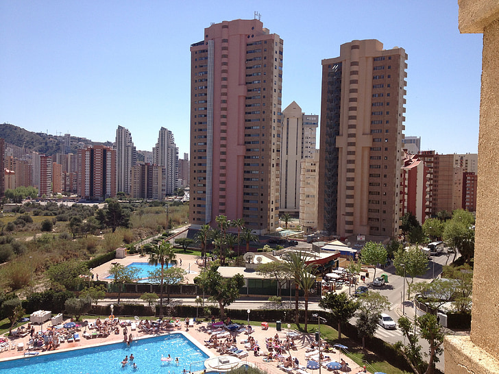 vacances, piscina, sol, persones, Benidorm, Torres, arquitectura