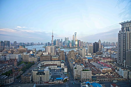 bâtiments, Chine, ville, paysage urbain, tours d’habitation, Shanghai, Skyline