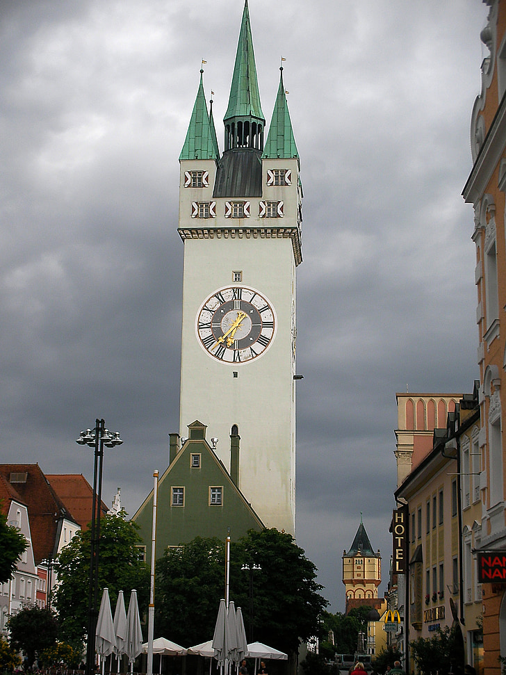 Straubing, Jerman, Clock, menara lonceng, orang-orang, bunyi genta lonceng, Menara